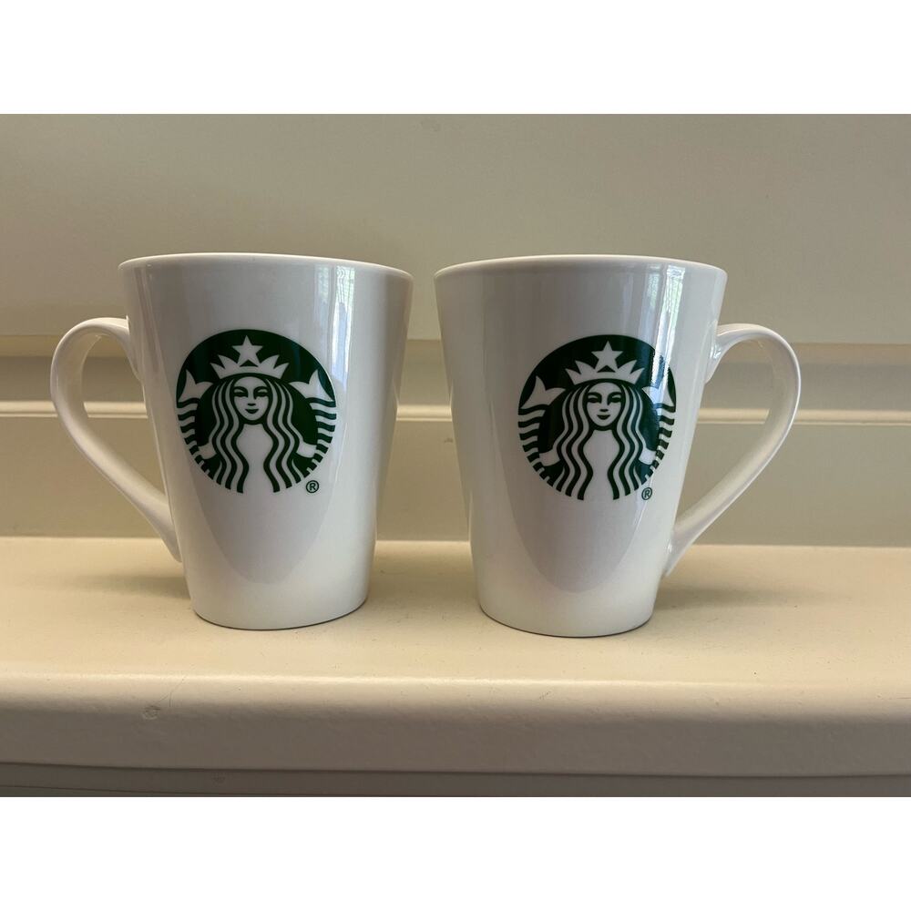 Set of two Starbucks White Ceramic Coffee Mugs 12 oz Green Siren Logo drinkware